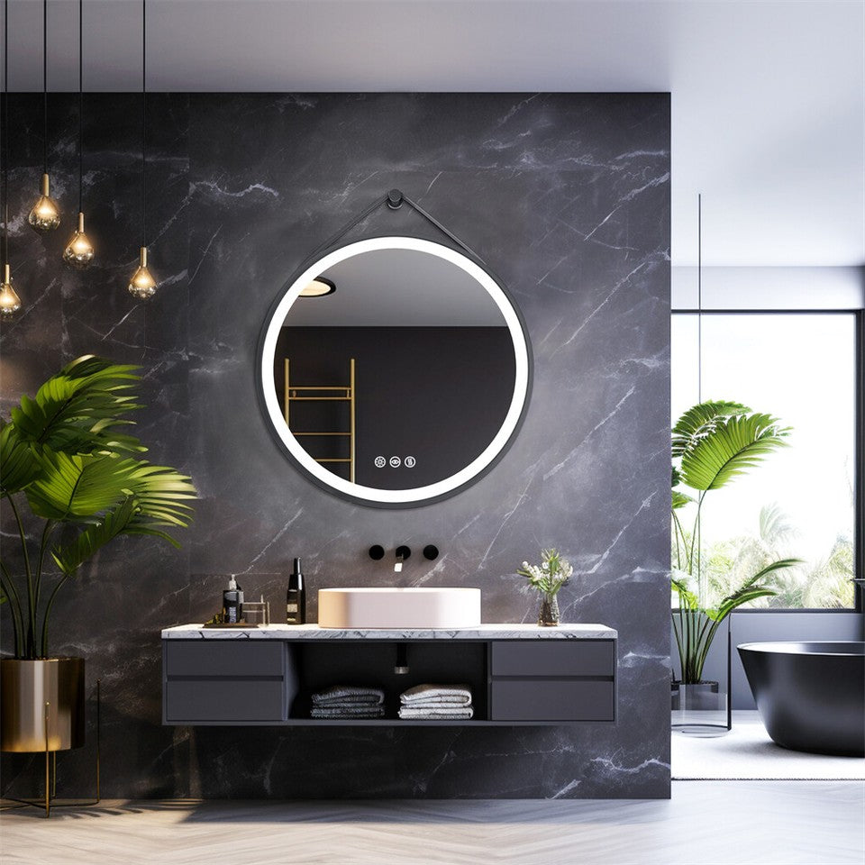 Round 700mm LED Bathroom Mirror with Leather Strap - Anti-Fog Dimmable Backlit Vanity Mirror - Wall Hanging Lighted Mirror - Image 3