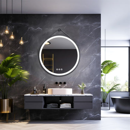 Round 700mm LED Bathroom Mirror with Leather Strap - Anti-Fog Dimmable Backlit Vanity Mirror - Wall Hanging Lighted Mirror - Image 3