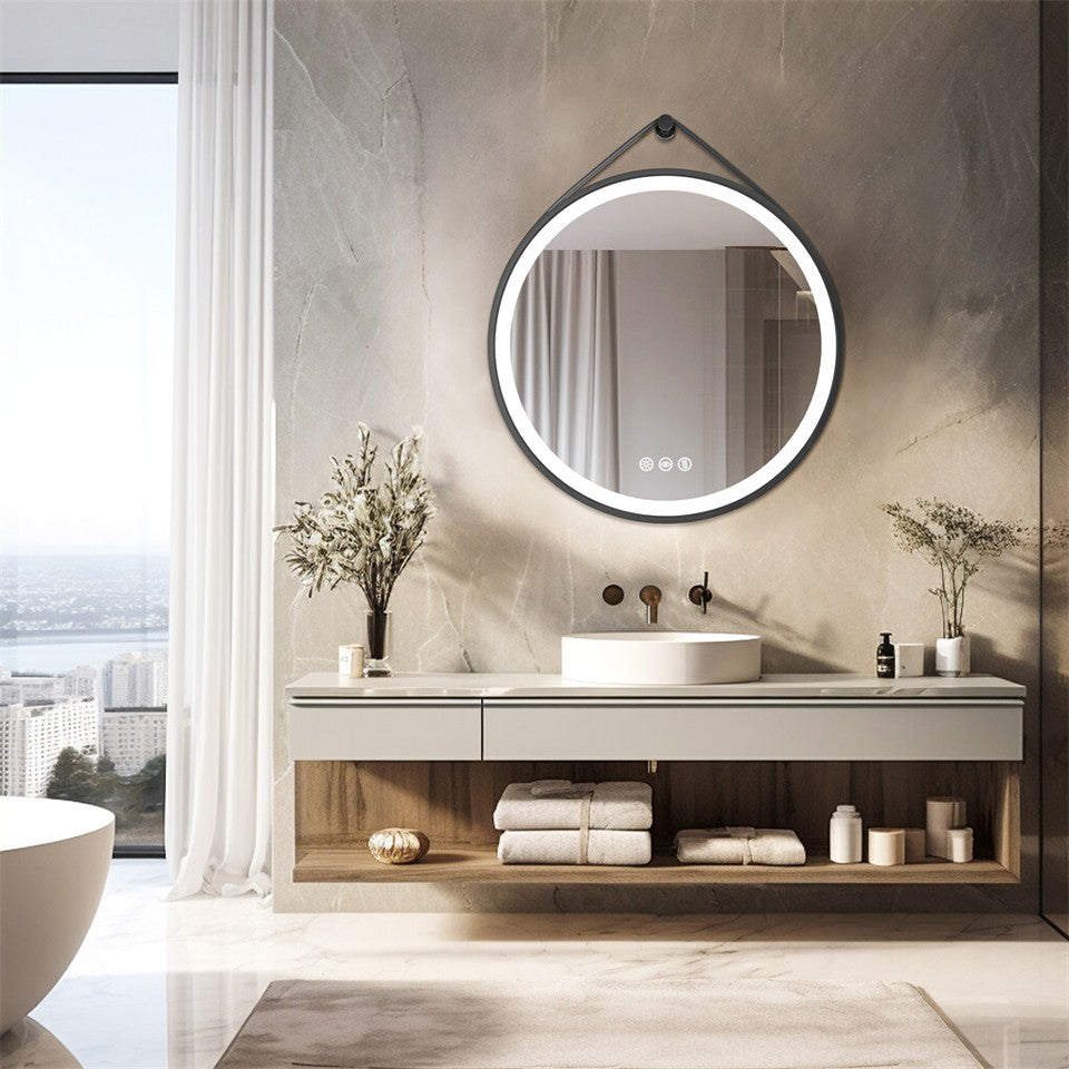 Round 700mm LED Bathroom Mirror with Leather Strap - Anti-Fog Dimmable Backlit Vanity Mirror - Wall Hanging Lighted Mirror - Image 4