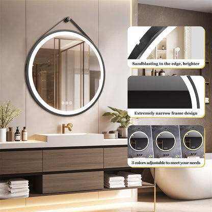 Round 700mm LED Bathroom Mirror with Leather Strap - Anti-Fog Dimmable Backlit Vanity Mirror - Wall Hanging Lighted Mirror - Image 5