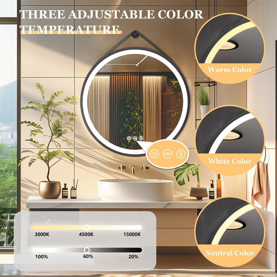 Round 700mm LED Bathroom Mirror with Leather Strap - Anti-Fog Dimmable Backlit Vanity Mirror - Wall Hanging Lighted Mirror - Image 7