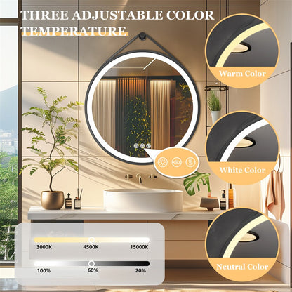 Round 700mm LED Bathroom Mirror with Leather Strap - Anti-Fog Dimmable Backlit Vanity Mirror - Wall Hanging Lighted Mirror - Image 7