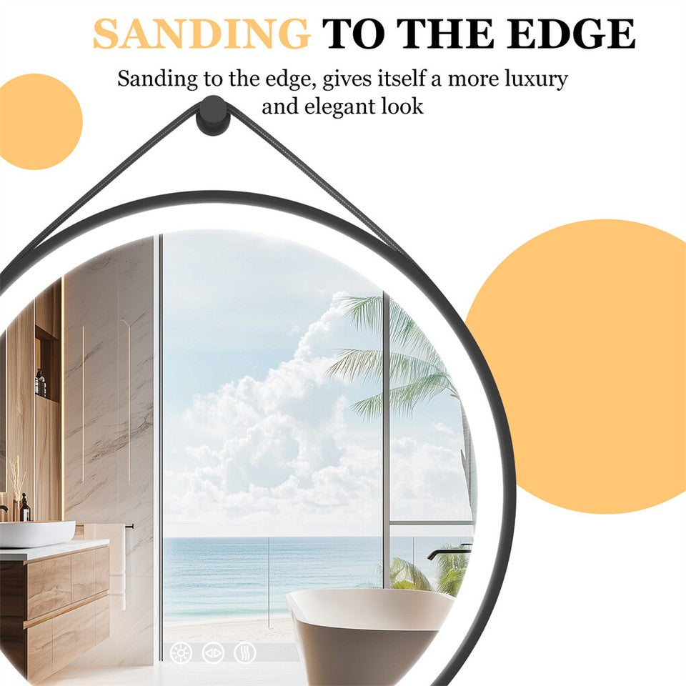 Round 700mm LED Bathroom Mirror with Leather Strap - Anti-Fog Dimmable Backlit Vanity Mirror - Wall Hanging Lighted Mirror - Image 8