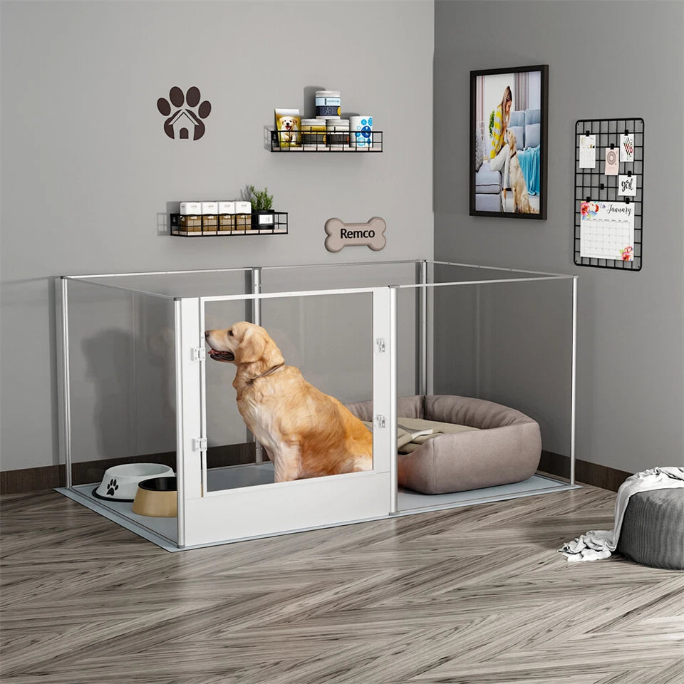 Silver Transparent Acrylic 6 Panel Dog Playpen Indoor Fence Whelping Box with Lock Door - Image 2