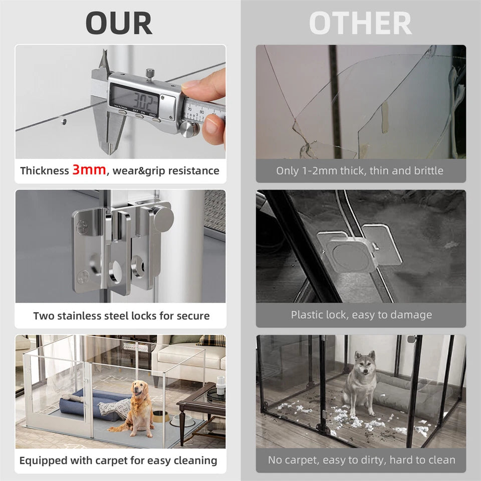 Silver Transparent Acrylic 6 Panel Dog Playpen Indoor Fence Whelping Box with Lock Door - Image 3