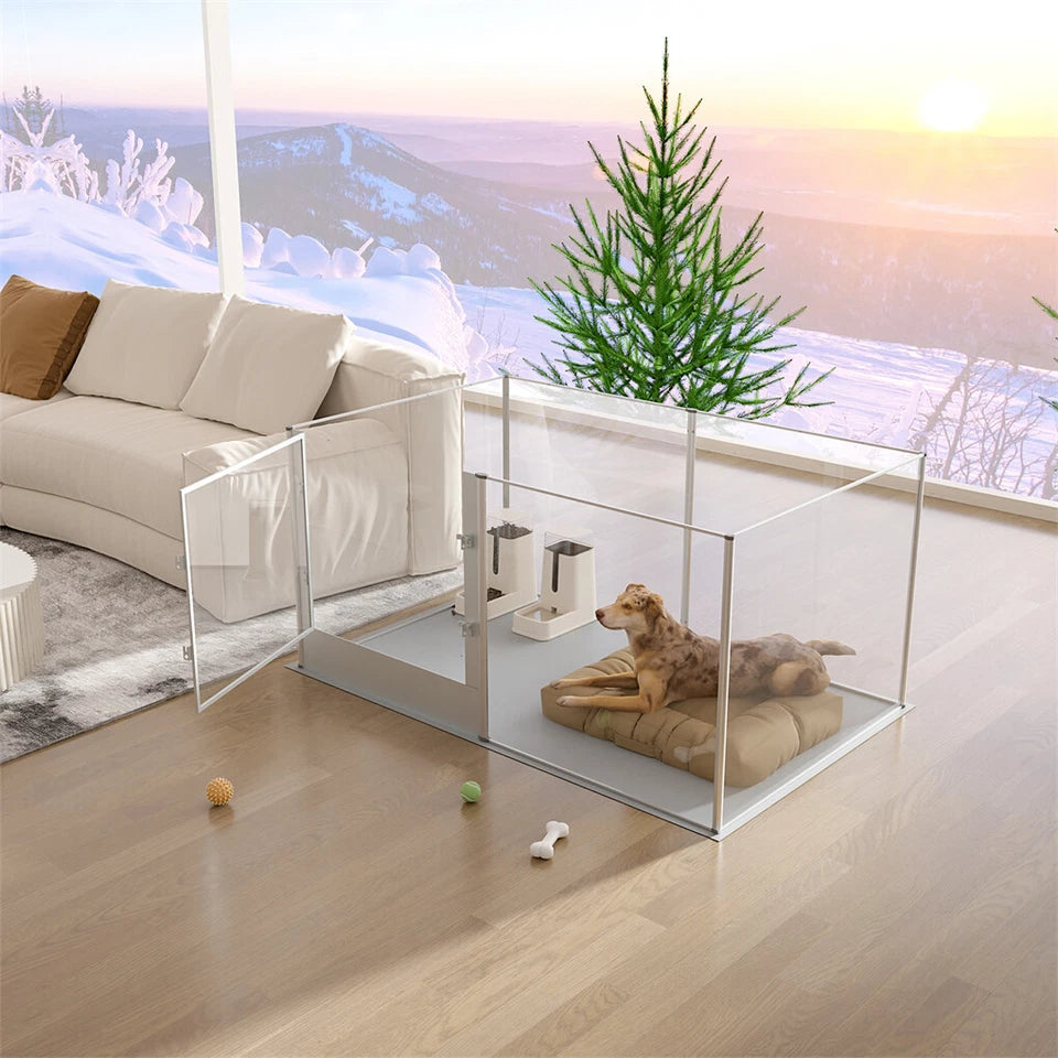 Silver Transparent Acrylic 6 Panel Dog Playpen Indoor Fence Whelping Box with Lock Door - Image 4