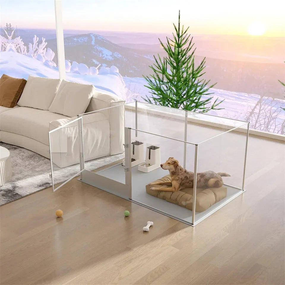 Silver Transparent Acrylic 6 Panel Dog Playpen Indoor Fence Whelping Box with Lock Door - Image 4