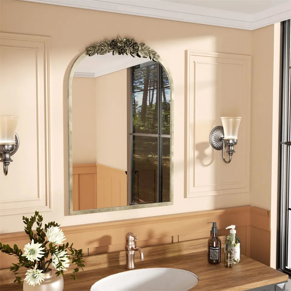 Elegant Rose - Designed Baroque Brass Arched Mirror Size Large - Image 3