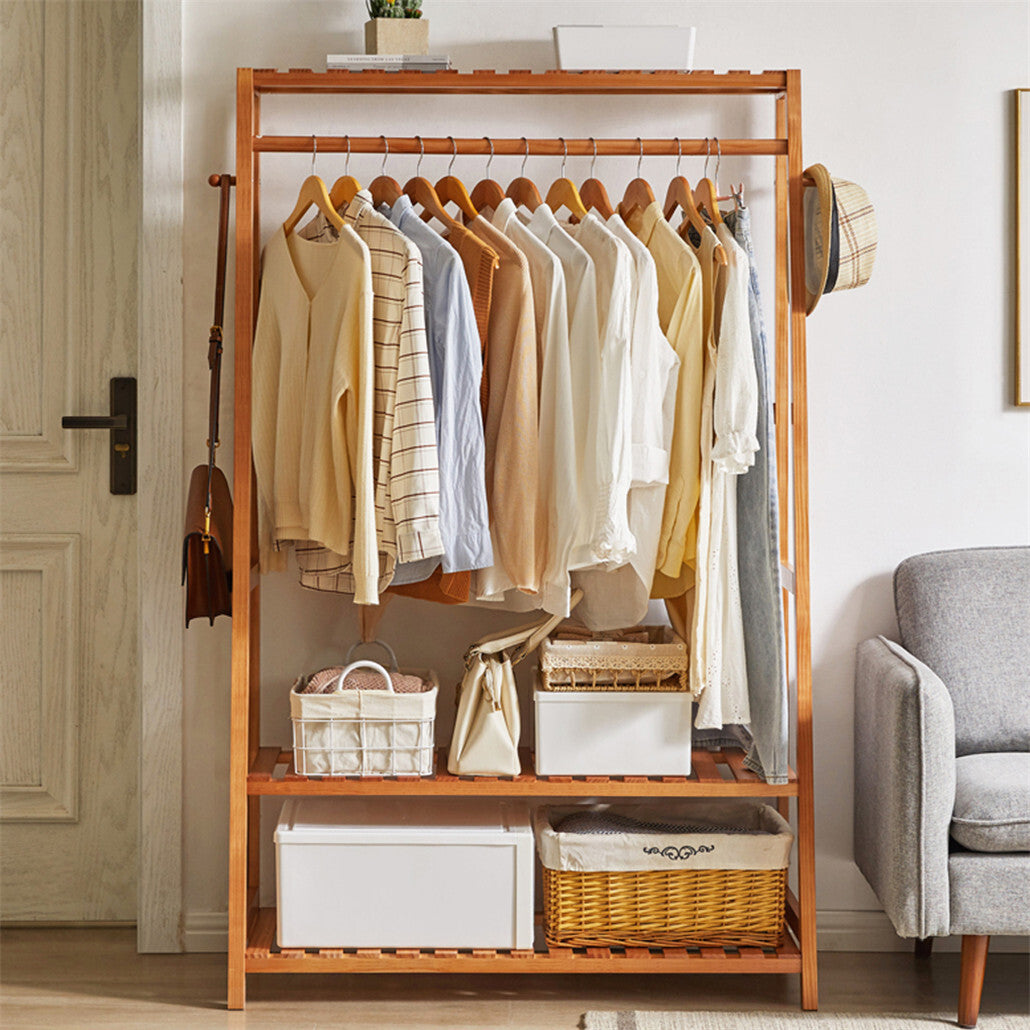 Bamboo Clothes Hanging Garment Rack Portable Laundry Rack Closet Storage Shelves - Image 3