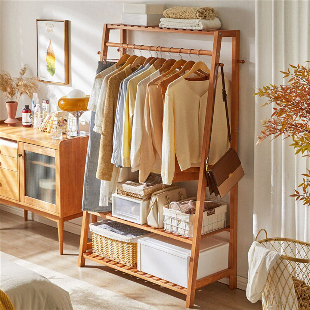 Bamboo Clothes Hanging Garment Rack Portable Laundry Rack Closet Storage Shelves - Image 6