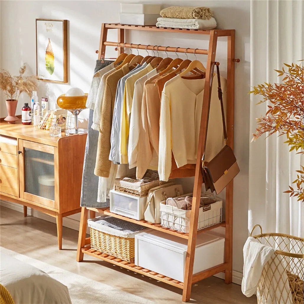 Bamboo Clothes Hanging Garment Rack Portable Laundry Rack Closet Storage Shelves - Image 6