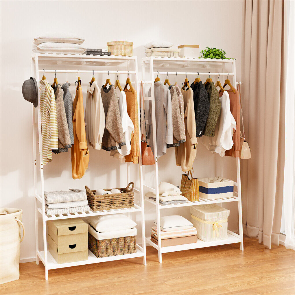 Large White Bamboo Garment Clothes Rack Shoes Coats Shelf w/ 3 Shelves & 10 Hook - Image 2