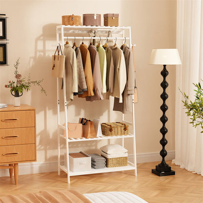 Large White Bamboo Garment Clothes Rack Shoes Coats Shelf w/ 3 Shelves & 10 Hook - Image 3
