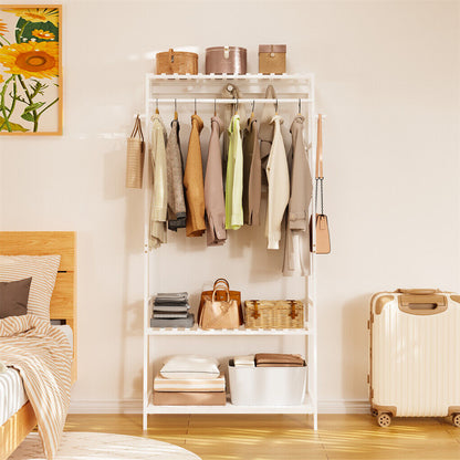 Large White Bamboo Garment Clothes Rack Shoes Coats Shelf w/ 3 Shelves & 10 Hook - Image 4