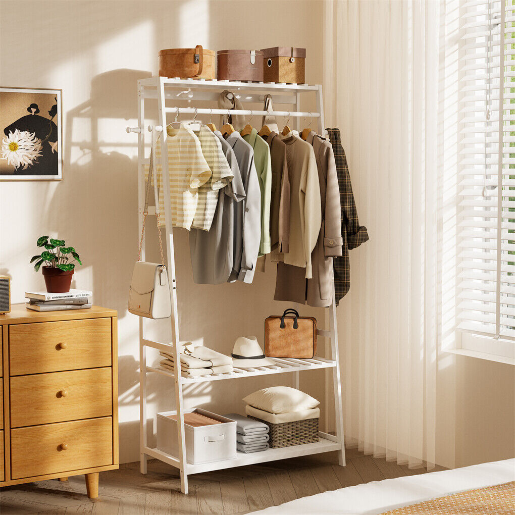 Large White Bamboo Garment Clothes Rack Shoes Coats Shelf w/ 3 Shelves & 10 Hook - Image 5