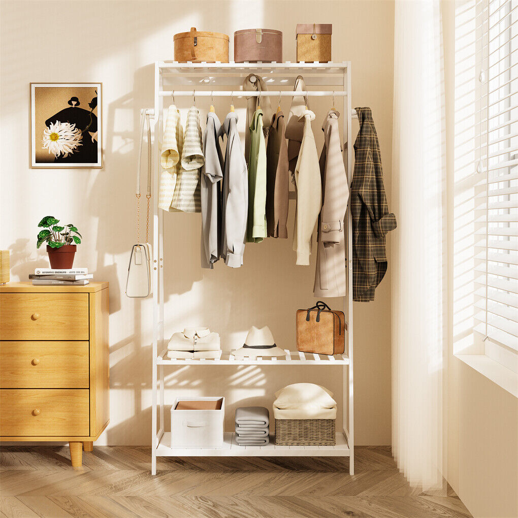Large White Bamboo Garment Clothes Rack Shoes Coats Shelf w/ 3 Shelves & 10 Hook - Image 6