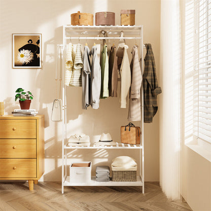 Large White Bamboo Garment Clothes Rack Shoes Coats Shelf w/ 3 Shelves & 10 Hook - Image 6