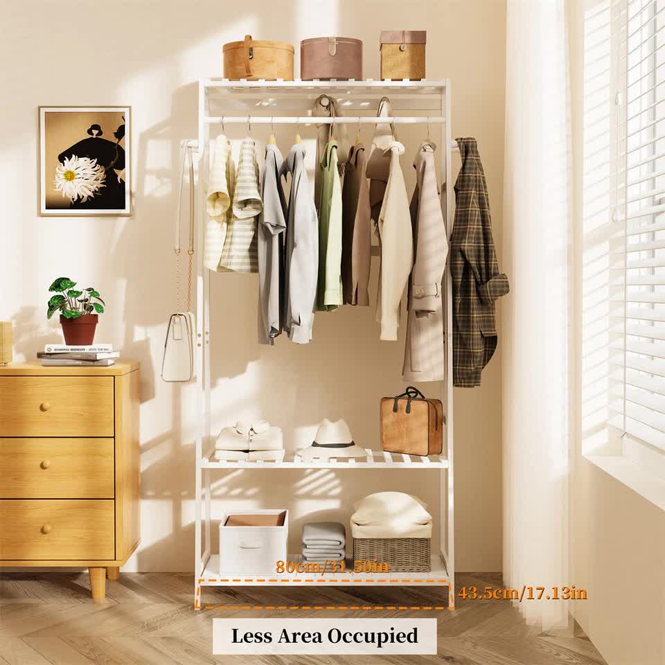 Large White Bamboo Garment Clothes Rack Shoes Coats Shelf w/ 3 Shelves & 10 Hook - Image 7