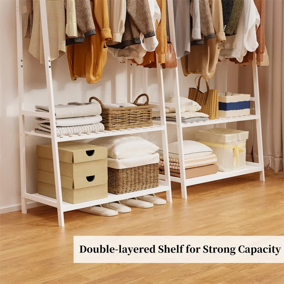 Large White Bamboo Garment Clothes Rack Shoes Coats Shelf w/ 3 Shelves & 10 Hook - Image 8