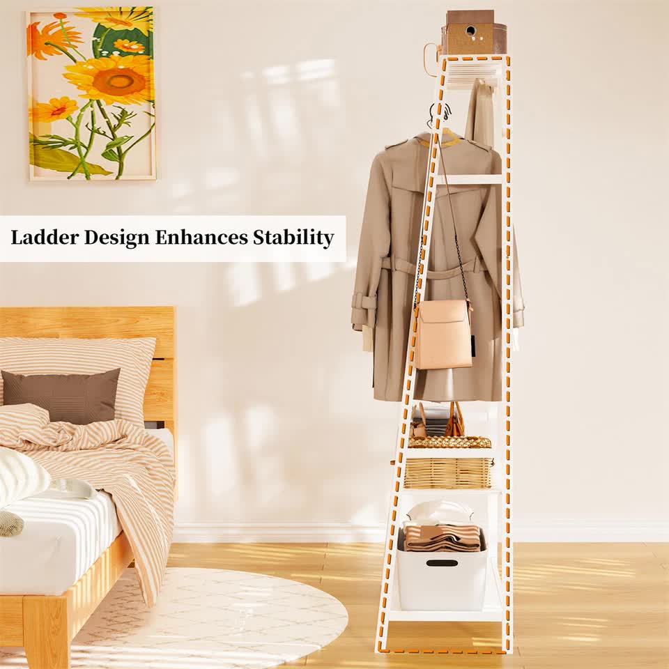 Large White Bamboo Garment Clothes Rack Shoes Coats Shelf w/ 3 Shelves & 10 Hook - Image 9