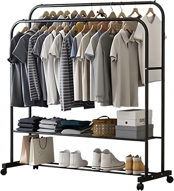 Heavy Thicken Metal Double Clothes Rail Sturdy Open Hanging Shelf Storage Rack - Image 2