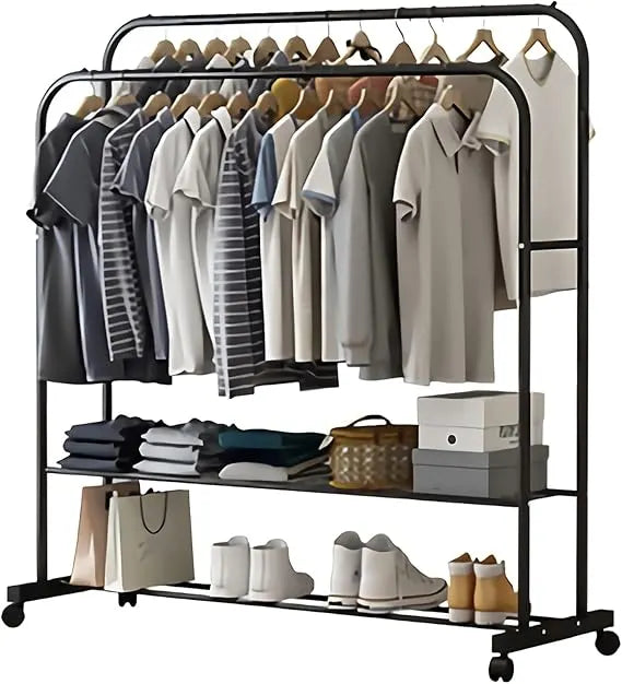 Heavy Thicken Metal Double Clothes Rail Sturdy Open Hanging Shelf Storage Rack - Image 2