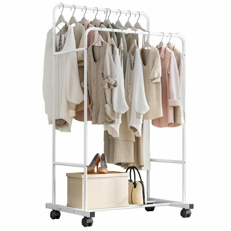 Heavy Duty Double Rail Garment Rack Rolling Clothes Rack 2Tier Storage Shelf - Image 2