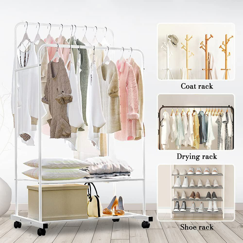 Heavy Duty Double Rail Garment Rack Rolling Clothes Rack 2Tier Storage Shelf - Image 4