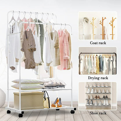 Heavy Duty Double Rail Garment Rack Rolling Clothes Rack 2Tier Storage Shelf - Image 4