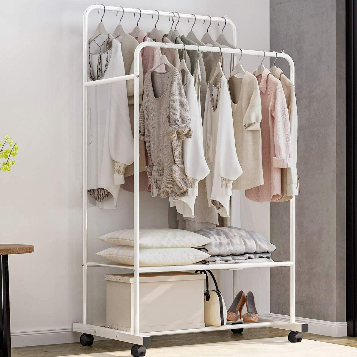 Heavy Duty Double Rail Garment Rack Rolling Clothes Rack 2Tier Storage Shelf - Image 6