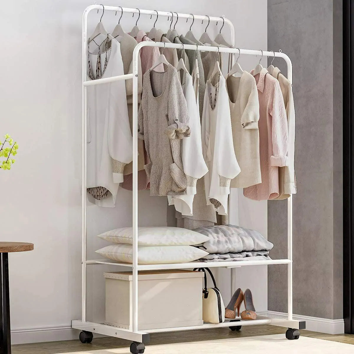 Heavy Duty Double Rail Garment Rack Rolling Clothes Rack 2Tier Storage Shelf - Image 6