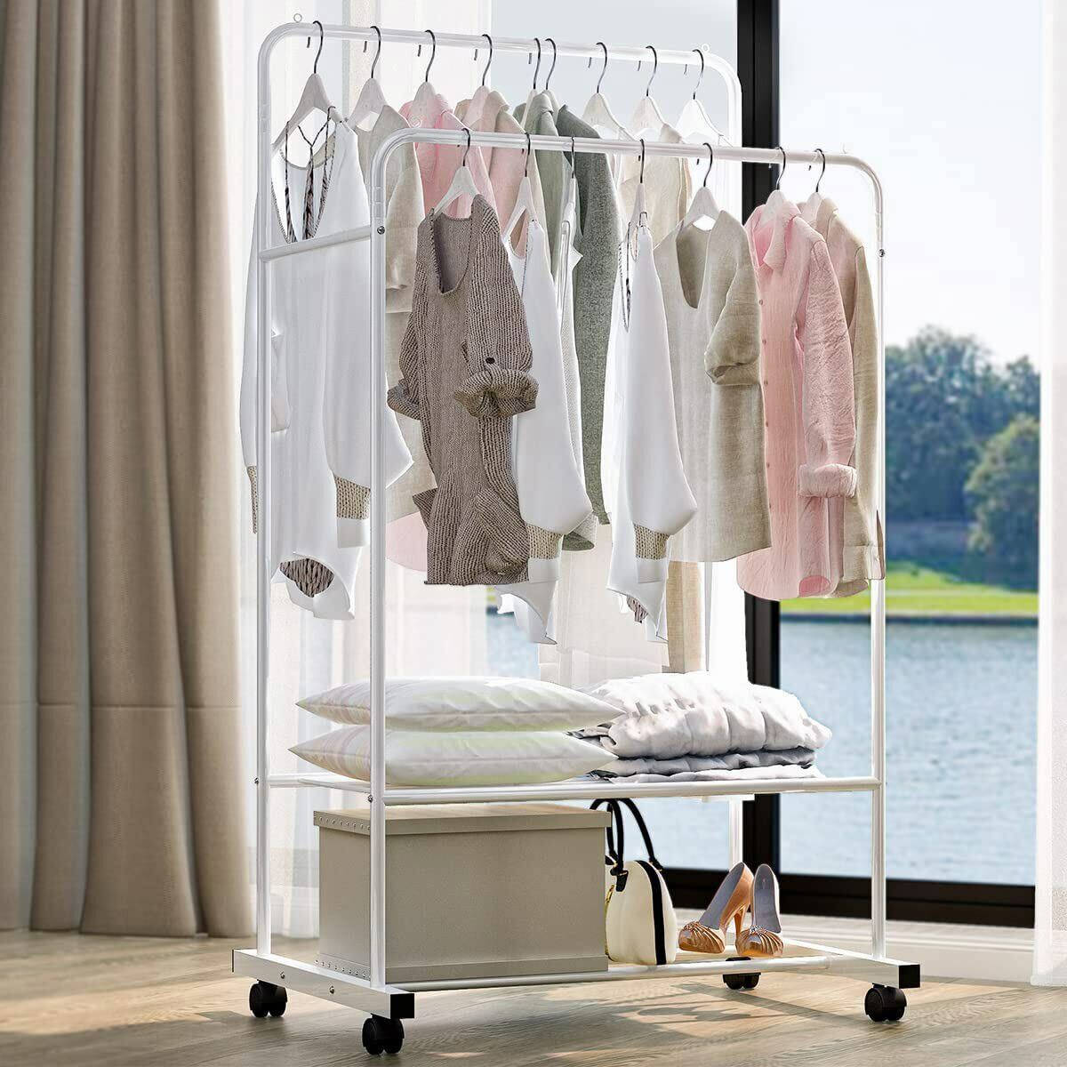 Heavy Duty Double Rail Garment Rack Rolling Clothes Rack 2Tier Storage Shelf - Image 7