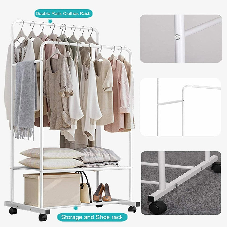 Heavy Duty Double Rail Garment Rack Rolling Clothes Rack 2Tier Storage Shelf - Image 8