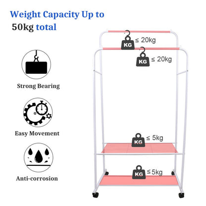Heavy Duty Double Rail Garment Rack Rolling Clothes Rack 2Tier Storage Shelf - Image 9