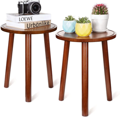 2Pcs Small Side Table Round End Table Wood Plant Stand Super Thick 3-Legs Stool - Image 2