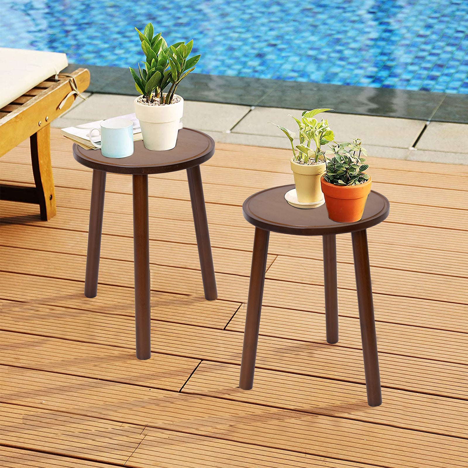 2Pcs Small Side Table Round End Table Wood Plant Stand Super Thick 3-Legs Stool - Image 3