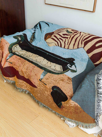 Safari-Inspired Woven Blanket - 160x130cm Artistic Tapestry Throw with Tassel Edges - Image 3
