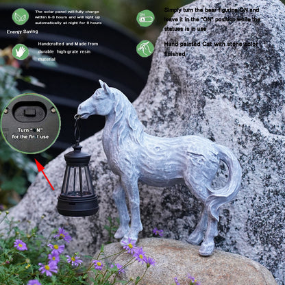 Brown Solar-Powered Horse Statue with LED Lantern - Rustic Outdoor Garden Ornament - Image 2