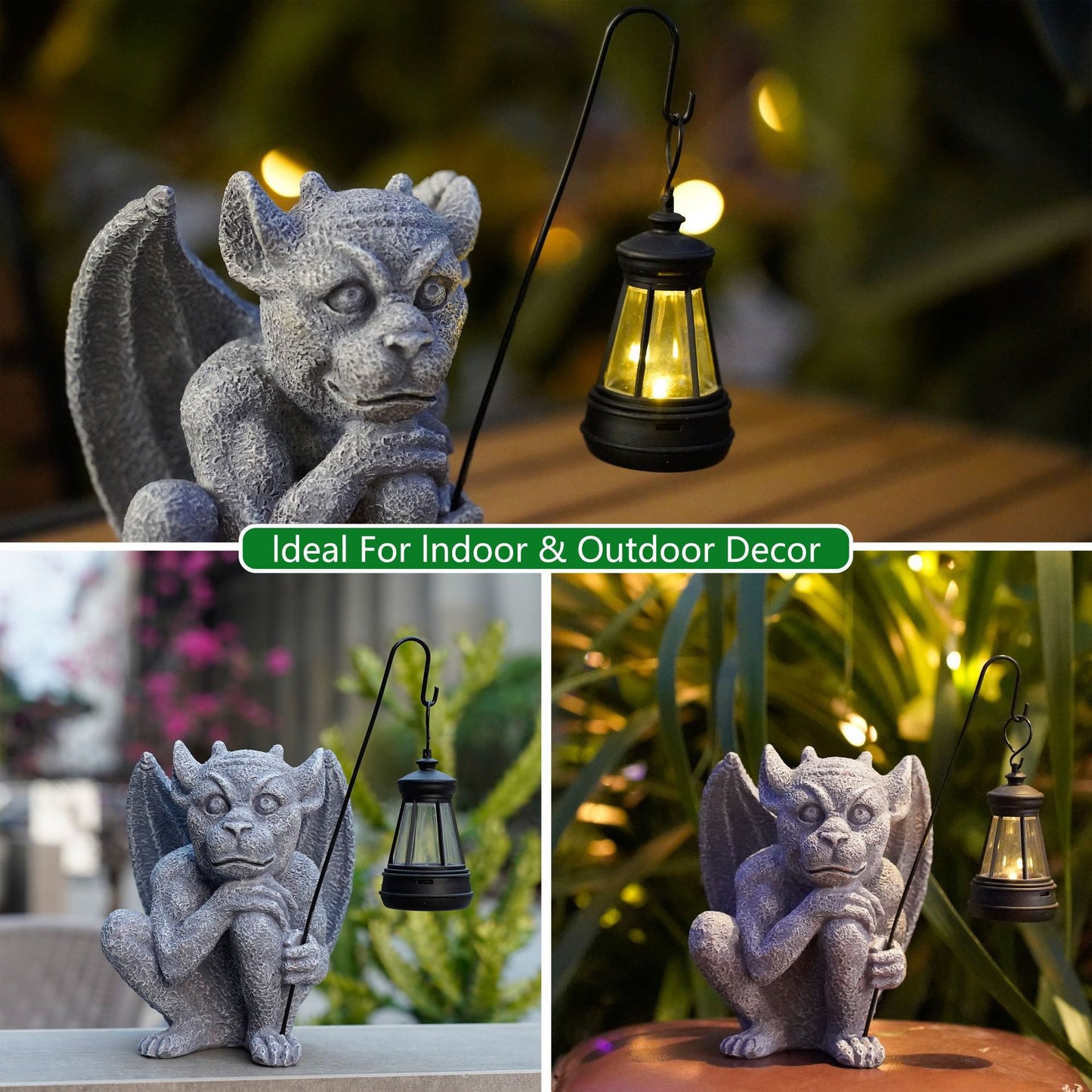 Solar-Powered Gargoyle Statue with LED Lantern – Gothic Outdoor Halloween Garden Decor - Image 2