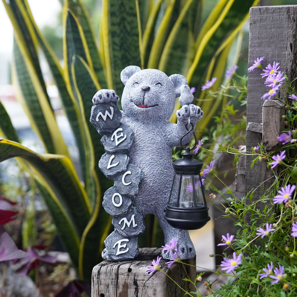 Solar-Powered Welcome Bear Statue with LED Lantern - Outdoor Garden & Patio Decor - Image 2