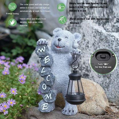 Solar-Powered Welcome Bear Statue with LED Lantern - Outdoor Garden & Patio Decor - Image 3
