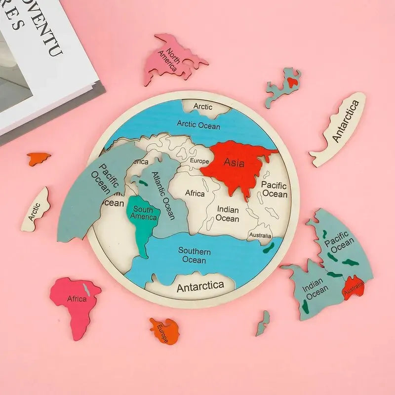 Colorful Wooden World Map Puzzle – 7 Continents Educational Geography Toy for Kids - Image 3