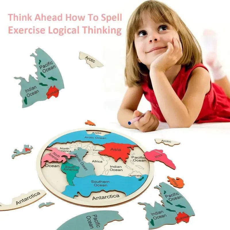 Colorful Wooden World Map Puzzle – 7 Continents Educational Geography Toy for Kids - Image 4