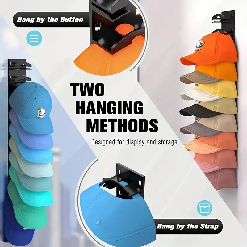 1 Pcs Black Adjustable Hat Organizer Rack for Baseball Caps - Space Saving Wall-Mounted Hat Storage with 2 Hanging Methods for Display and Storage(Baseball cap is a shooting prop and is not included) - Image 3