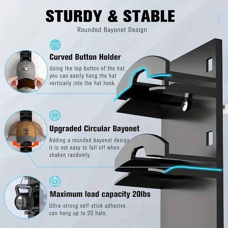 1 Pcs Black Adjustable Hat Organizer Rack for Baseball Caps - Space Saving Wall-Mounted Hat Storage with 2 Hanging Methods for Display and Storage(Baseball cap is a shooting prop and is not included) - Image 4