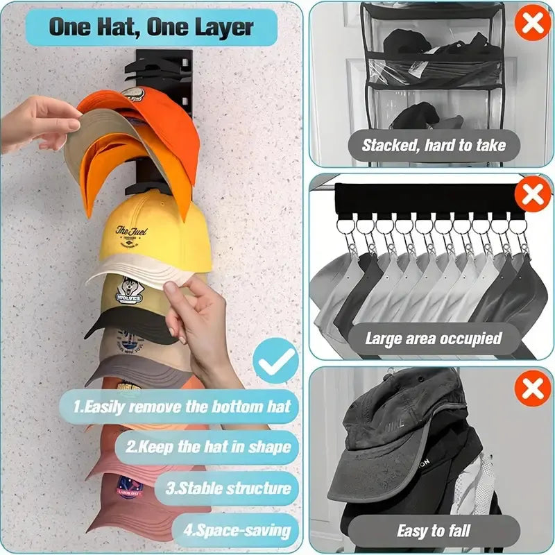 1 Pcs Black Adjustable Hat Organizer Rack for Baseball Caps - Space Saving Wall-Mounted Hat Storage with 2 Hanging Methods for Display and Storage(Baseball cap is a shooting prop and is not included) - Image 6