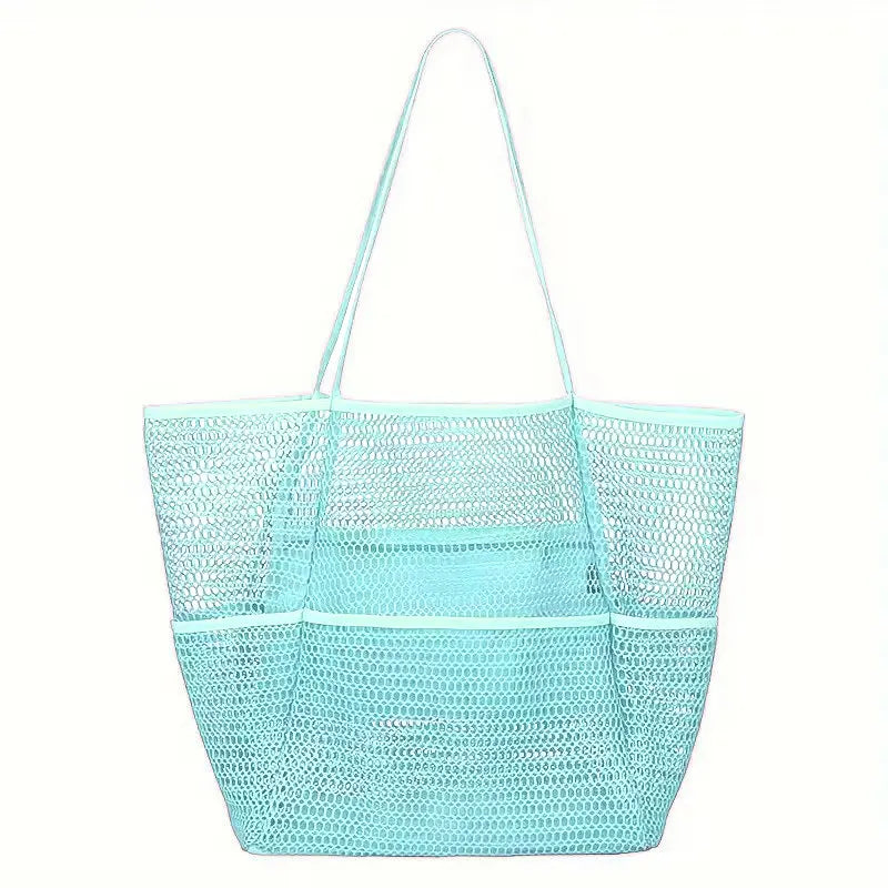 Blue Breathable Mesh Beach Tote Bag - Large Capacity Sand-Free Bag with Zipper Pocket & Multi-Purpose Storage