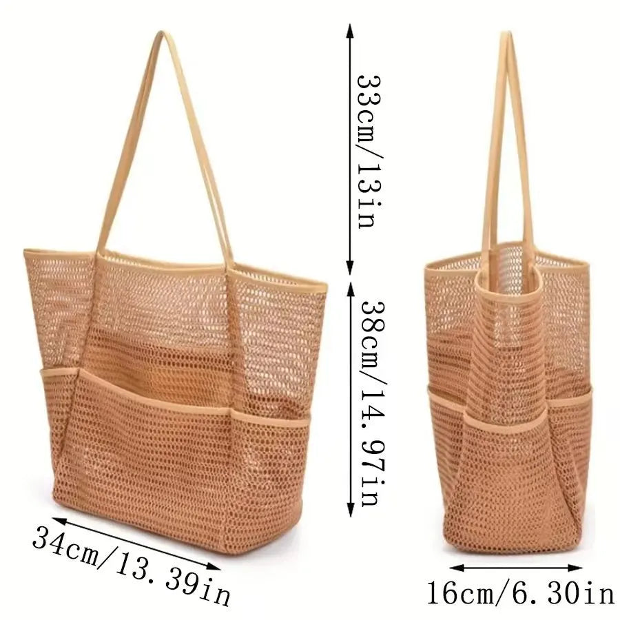 Blue Breathable Mesh Beach Tote Bag - Large Capacity Sand-Free Bag with Zipper Pocket & Multi-Purpose Storage - Image 4