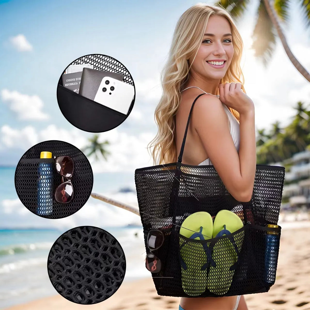 Black Breathable Mesh Beach Tote Bag - Large Capacity Sand-Free Bag with Zipper Pocket & Multi-Purpose Storage - Image 2