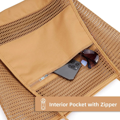 Brown Breathable Mesh Beach Tote Bag – Large Capacity Sand-Free Bag with Zipper Pocket & Multi-Purpose Storage - Image 3